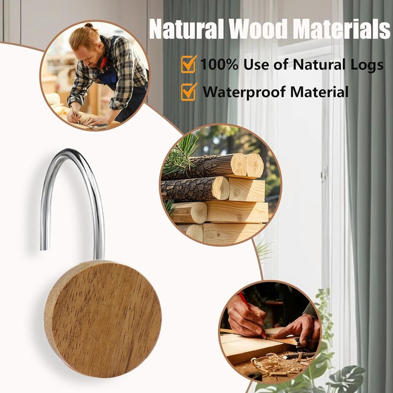 JTDTH Shower Curtain Hooks, Wood Decorative Shower Curtain Rings, Modern Round Log Shower Curtain Hangers, 12PCS Shower Hooks for Shower Curtain Rod, Bedroom, Living Room (Silvery) - Image 2
